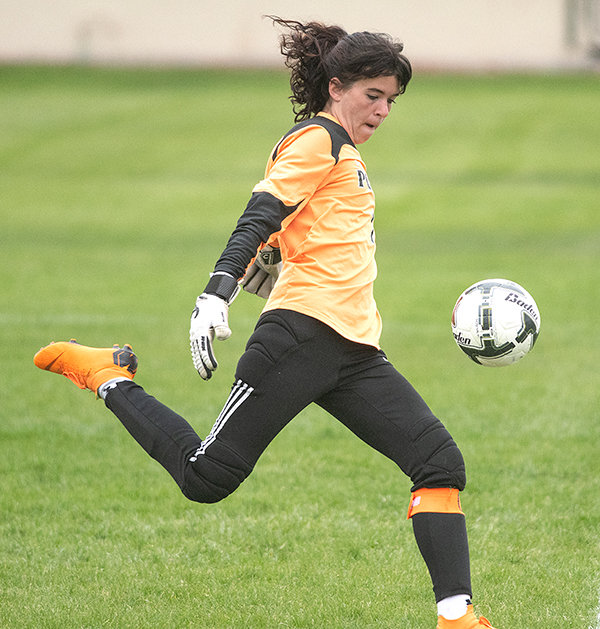 Mattie Larsen boots a goal kick in a game in 2021. She led the state with 175 saves this year and will soon move to the collegiate ranks, playing for Northwest College.