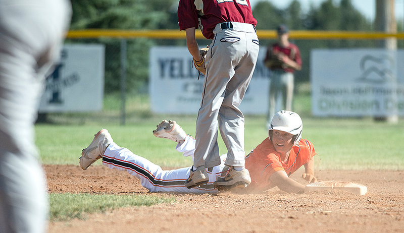 Cade Queen slides into second base in game two of Tuesday’s doubleheader. Despite an imperfect performance on the mound, in the field and on the base paths, the Pioneers earned two wins and advanced to 19-3.
