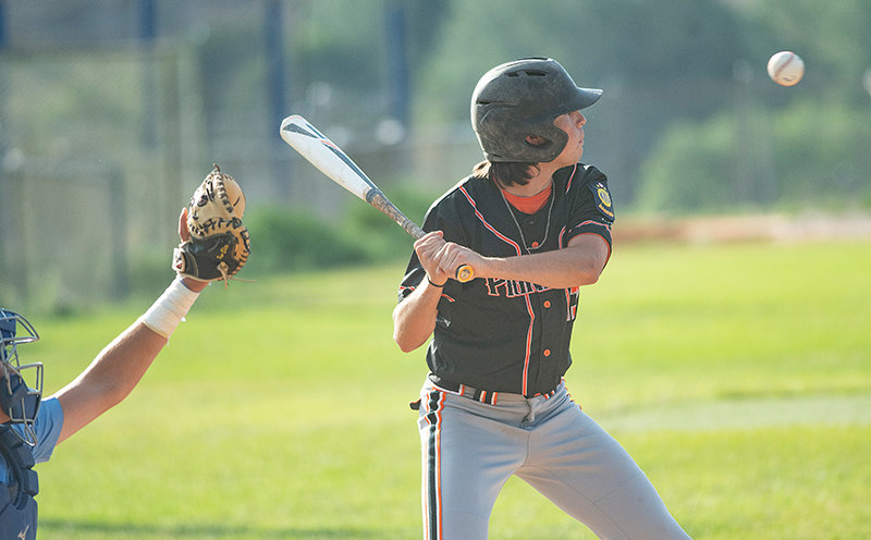 Landon Sessions watches a pitch Tuesday in the Pioneers’ doubleheader against Cody. Powell struggled at the plate in the losses, posting just one run.