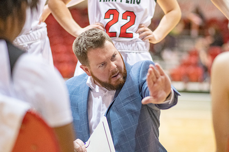 Northwest College head women’s basketball coach Camden Levett speaks to his team in a game against Western Wyoming in March. After three seasons at the helm at NWC, Levett is joining Moberly Area Community College as an assistant.