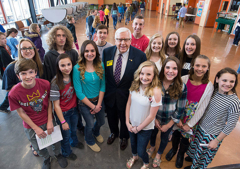 U.S. Sen. Mike Enzi, R-Wyo., poses for a photograph with Powell Middle School students during a March 2018 visit. Former Tribune Managing Editor Tom Lawrence remembers Enzi as someone who was always willing to take a call and who knew how to work with people on the other side of the political aisle.