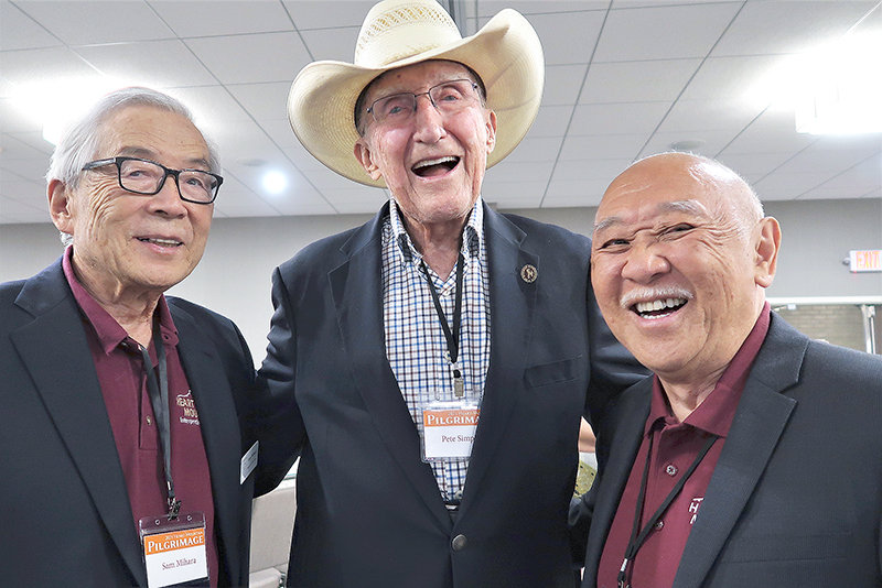 Pete Simpson (center), the recipient of the Heart Mountain Wyoming Foundation’s 2021 LaDonna Zall Compassionate Witness Award, poses for a photo with fellow foundation board members and former incarcerees Sam Mihara (left) and Prentiss Uchida (right) during last week’s Heart Mountain Pilgrimage.