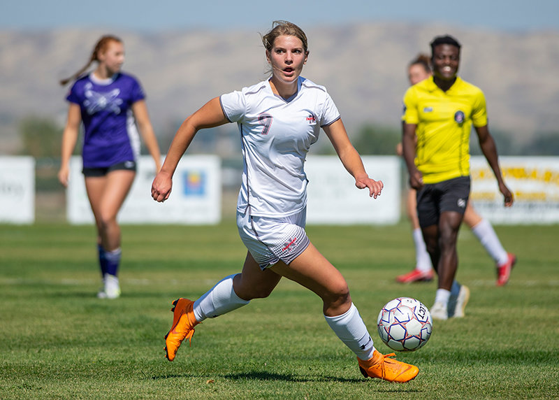 Northwest College midfielder Lauren Hiatt looks to pass in the first half against the Gillette Edge soccer club. The Trappers managed 18 shots on goal in the win.