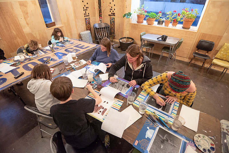 Sebastian and Morra Jessup, Josie and Nathan Flynn, Kendrea Flynn, Erin Johnson and Kellyn Richardson enjoy the evening painting together. Gestalt consists of a team of artists who want to share their talents and space with the community.