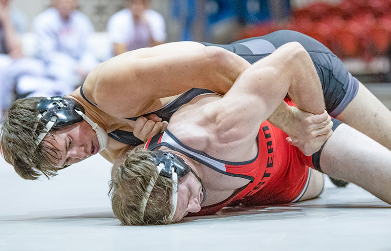 Ryker Blackburn holds down Western Wyoming’s Tyce Raddon during their matchup at 197-pounds at the Trapper Duals on Nov. 5. Blackburn won two matches last weekend during the Battle of the Rockies duals before being forced to withdraw due to a knee injury.