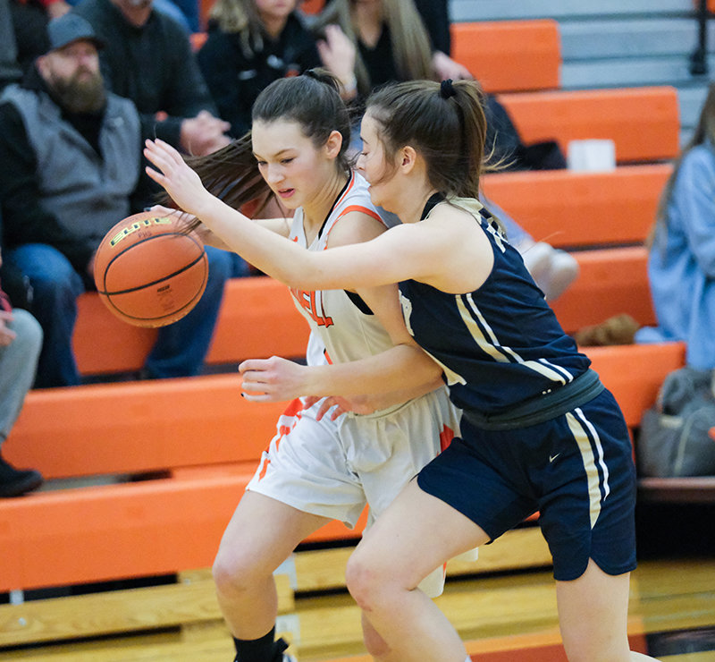 Panther freshman Saige Kidd drives to the basket against Cody on Friday. Kidd and fellow freshman Catelynn Floy were the leading scorers for the Panthers in their 51-17 loss to the rival Fillies.