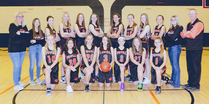 The Powell Middle School Cubs pose for their team photo before the season starts. Pictured from left, back row: Tracy McArthur, Averie Warner, Nalani Jordan, Hali Hancock, Lexi Reeves, Bailee Allred, Shelby Zickefoose, Audrey Johnson, Maria Estes, Coy Erickson, Taryn Shorb and Dale Estes. Front row: Ivy Agee, Neveah Garcia, Kate Williams, Kadence Knuth, Emma Sapp, Brooklyn Neves and Meisja McCrary.