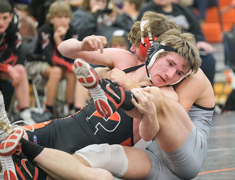 PHS junior Jack Van Norman battles with Huntley Project’s Grady Schmidt in the Panthers’ first dual of the night. The Panthers lost both duals to Huntley Project and Laurel before heading back to Montana this weekend for the Jug Beck Rocky Mountain Classic in Missoula.