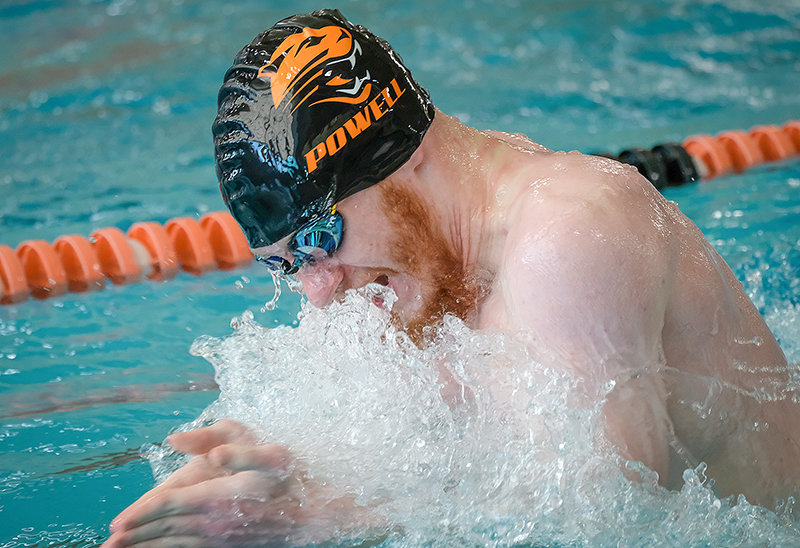 PHS senior Francis Rogers performs the breaststroke portion of the 200 medley relay on Saturday in Worland. Rogers and fellow senior Nate Johnston finished qualifying in all eight swimming events for the state meet.