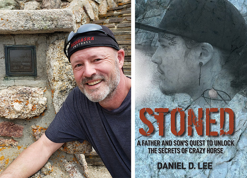 Left: Daniel Lee is posed with the plaque covering the entombed remains of V.T. McGillycuddy atop Black Elk Mountain. McGillycuddy was the first to climb the highest point in the Northern Plains and wanted to be buried there. Right: ‘Stoned’ is historical fiction about Crazy Horse and the last of the Indian Wars in the Northern Plains, a first book by Daniel Lee.