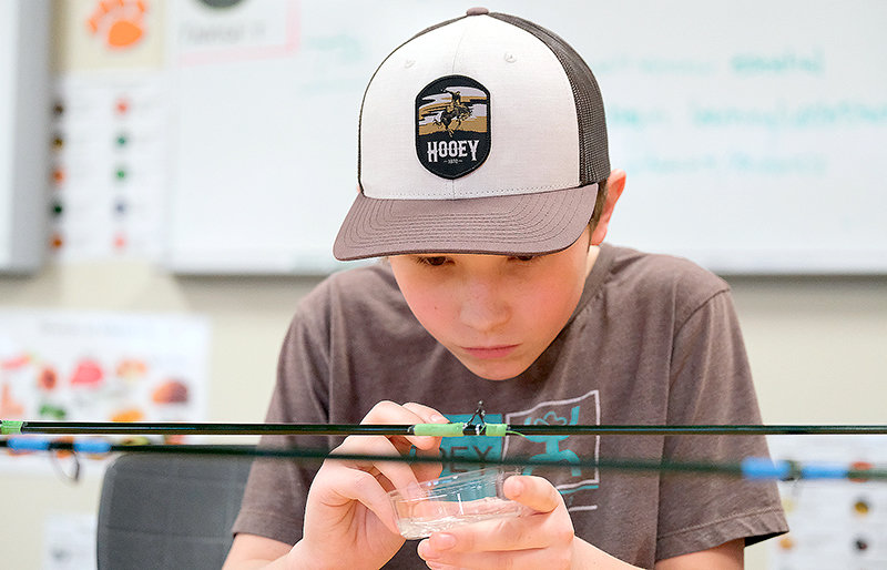 Kooper Apanashk puts epoxy on his 5/6 weight fly rod at a recent meeting of the Powell Middle School fly fishing club.