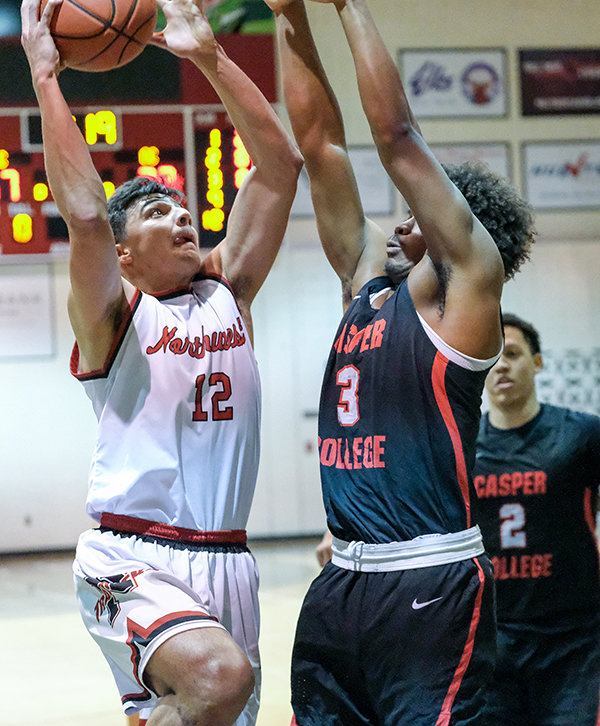 NWC sophomore Gabriel Gutierrez rises up as he looks for a basket late against Casper College, as Northwest tried to make a late comeback on Saturday. The TBirds held off multiple attempts by the Trappers as they defeated Northwest 76-71.