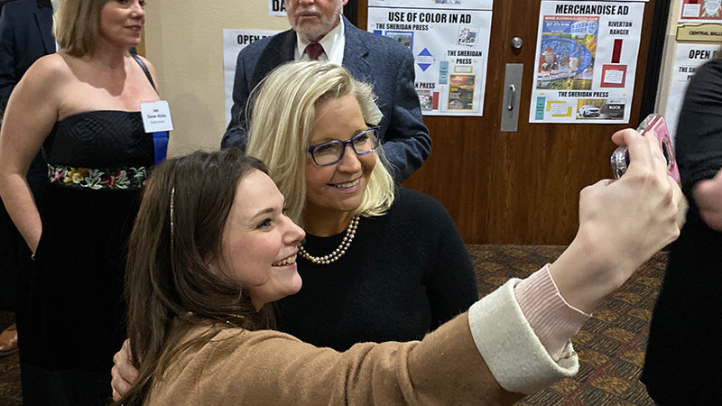 Jennifer Barella, a University of Wyoming student who serves as a teaching assistant in the Community Journalism class, takes a selfie after a speech by U.S. Rep Liz Cheney at the Wyoming Press Association convention in Casper Saturday.