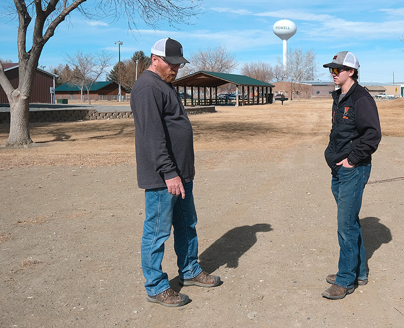 Drew Valdez meets with City of Powell Parks Department Superintendent Tim Miller at the site of a planned gaga ball pit at Homesteader Park. The ring for the dodgeball-like sport is set to be installed in the area that used to host the Froggy Pond.