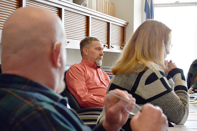 Flanked by fellow commissioners Scott Mangold (at left) and Dossie Overfield, Park County Commissioner Lee Livingston speaks during a Tuesday discussion about hand counting the results of the primary election. Livingston said he has no problem with allowing the experiment, as long as it’s allowed under state law.