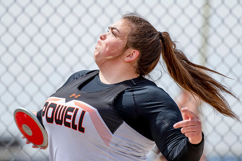 Continuing her strong run of throws, PHS senior Reagan Thompson throws the discus on Thursday in Lovell. Thompson put up the second best throw in 3A during the shot put at the Lovell Invitational throwing 36 feet, 3 inches.