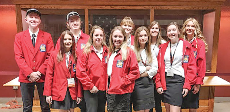 Powell’s SkillUSA students attended the state competition in Casper April 11-13. Back row, from left: Kalin Hicswa, Caden Sherman, Liz Peterson, Carsyn Engesser and Sydney Hull. Front row, from left: Gabby Thomas, Victoria Beaudry, Lyla Neves, Meaghan McKeen and Maya Landwehr.