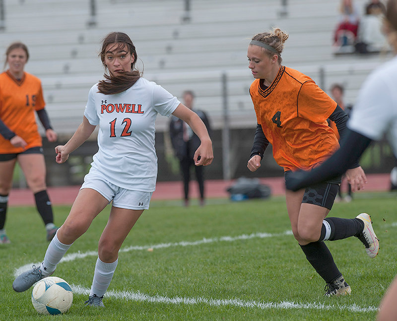 Applying pressure early in the first half, Panther sophomore Kenzie Fields dribbles the ball upfield. The Panthers dropped the final game of the season at Worland on Thursday but finished the season much improved.