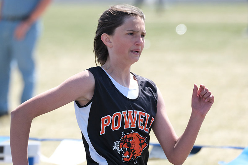 Elaina Kousoulos puts all her effort into finishing the 100 meter dash during the Lovell Middle School Invitational on April 30. The Cubs wrapped up the season with the Best of the Best meet in Lander on May 10.