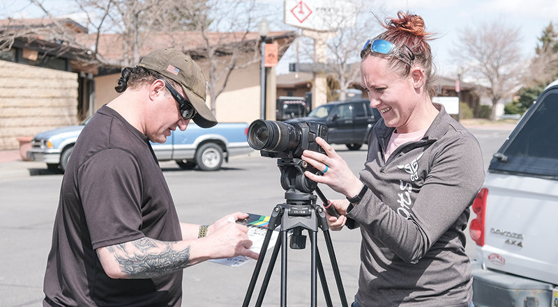 From the left, Junior Michael Ray and Jamie Lee of Crazy Mountain Productions start the process of filming B-roll for their film ‘Re-Ride.’