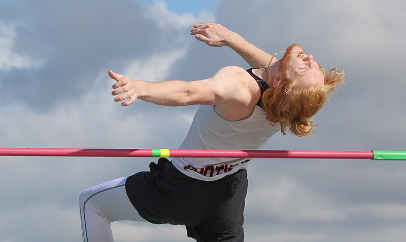 In his final time competing for the Panthers, senior Eli Weimer tries to clear the bar as his seventh place finish in the high jump helped the Panthers to a third place finish overall.