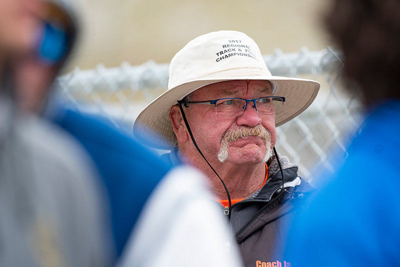 Fighting back tears, Nevin Jacobs looks on as he finished up his coaching career at the Wyoming State Track and Field Championships in May.