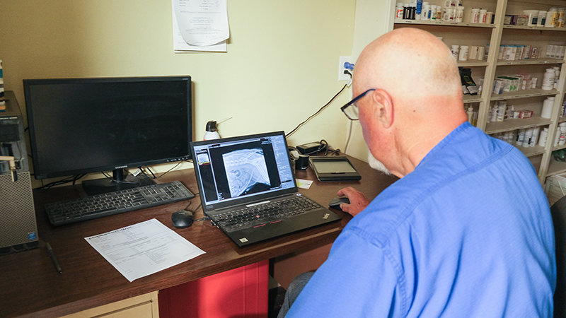Dr. Acker examines the X-rays of a dog. The laptop communicates with the X-ray equipment in the neighboring room via Bluetooth, producing an image nearly instantaneously.