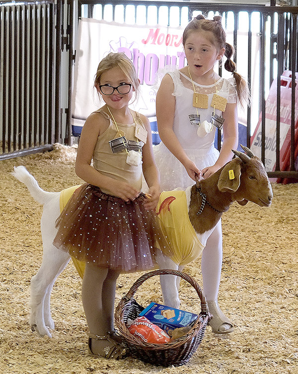 Noel Fisk (left), and Opal Miller dress up as S’mores with their goat for the Park County Fair Dress a Goat Show.