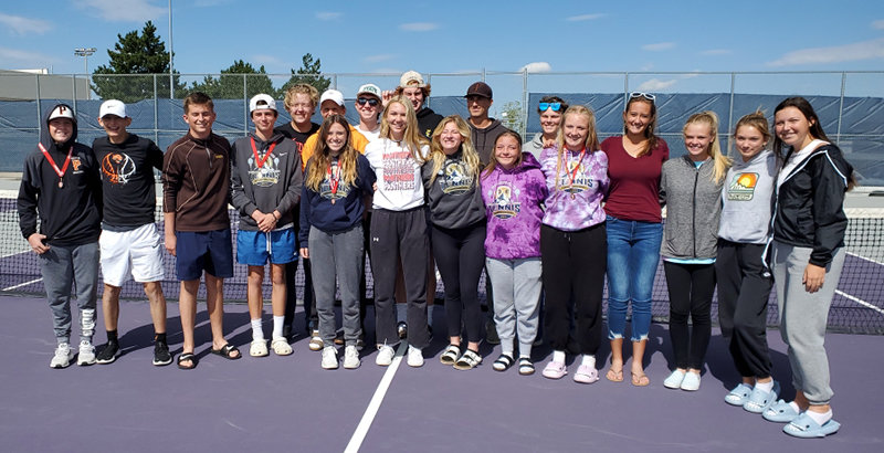 The Panther state tennis team from left: Ryan Barrus, Seeger Wormald, Owen Fink, Taeson Schultz, Hunter Davis, Alexis Terry, Nathan Preator, Kalin Hicswa, Sydney Hull, Keegan Hicswa, Chase Anderson, Cade Queen, Alli Harp, Isaac Stensing, Hannah Hincks, Lachelle Lee, Sophie Czirr, Meaghan McKeen and Maya Landwehr.
