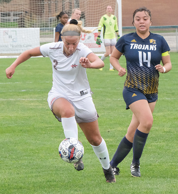 Zoey Bonner traps a ball during the Trappers’ match against Trinidad on Sept. 16 in Powell. Bonner finished with a hat trick against Western Nebraska on Saturday.