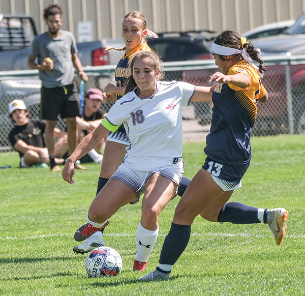 Peyton Roswadovski drives in to take a shot against Western Nebraska earlier in the season. Roswadovski netted her third goal of the season on Saturday to help the Trappers come back for a 3-2 victory in Riverton.