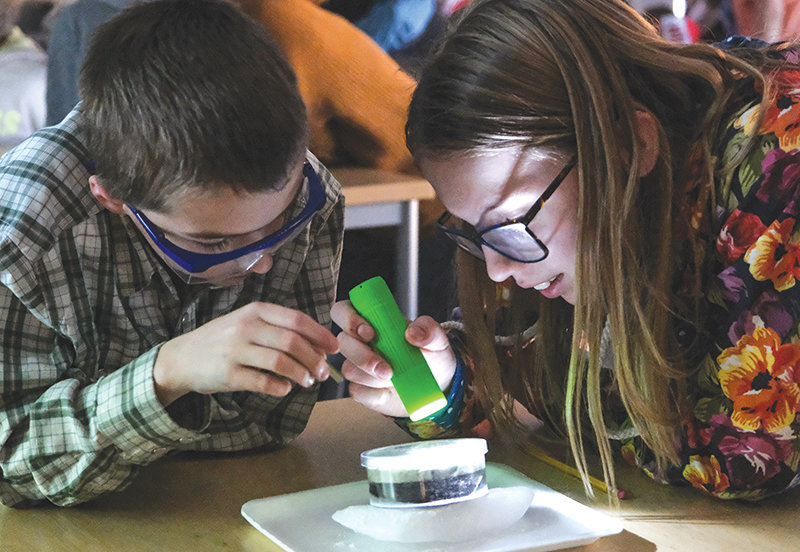 Sixth grade students William Taylor (left) and Maddison Sagrilla study the effects of radiation on Friday.
