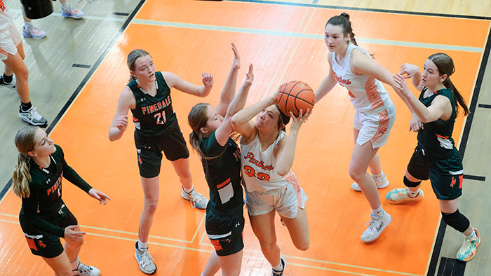 Catelynn Floy puts up a shot at the rim during the Panthers game on Saturday against Pinedale. Floy and seven others return with varsity experience for an improving Powell team.