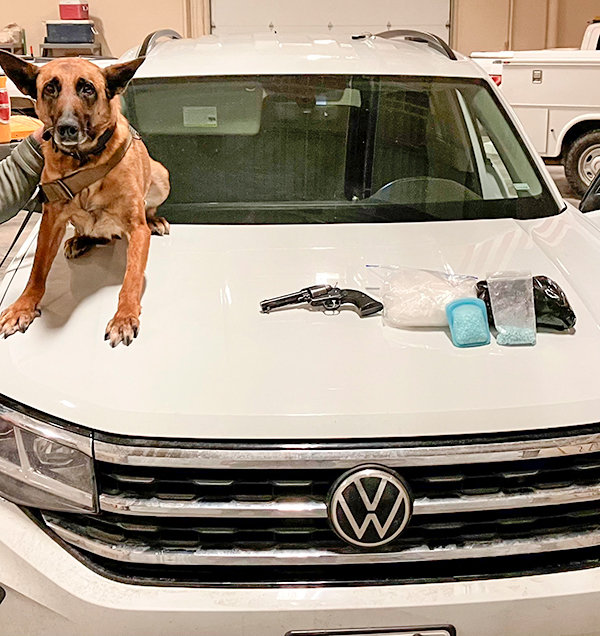A Wyoming Highway Patrol K-9 poses for a photograph with the fentanyl pills, methamphetamine and pistol that were discovered in a suspect’s vehicle outside of Evanston earlier this month. The patrol’s K-9s were recently trained to detect fentanyl.
