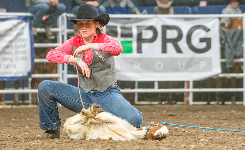 Mackenzie Jurosko competes during goat tying at the Montana State rodeo on April 14. The Trappers have continued to improve throughout the spring season with one rodeo remaining.