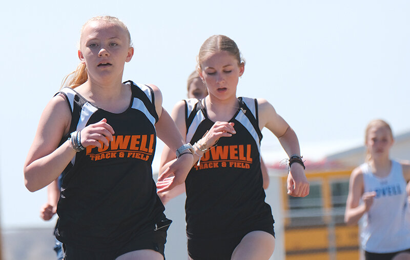 Eleasah Horsley (left) and Karee Cooley set the pace ahead of the competition during the 800 meters in Lovell on Saturday.