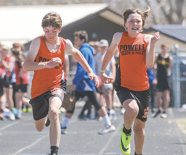 Dylan DeBoer and Braxton Nelson push each other down the track in Lovell. Powell wrapped up the regular season and competed in the Best of the Best meet on Tuesday.