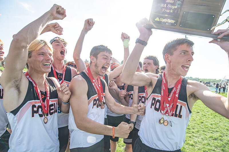 Daniel Merritt (from right) raises the state championship trophy to the excitement of the Panther boys’ team, including Hyrum Jeide, Nathan Dupont and other team members who won their first title since 2014.