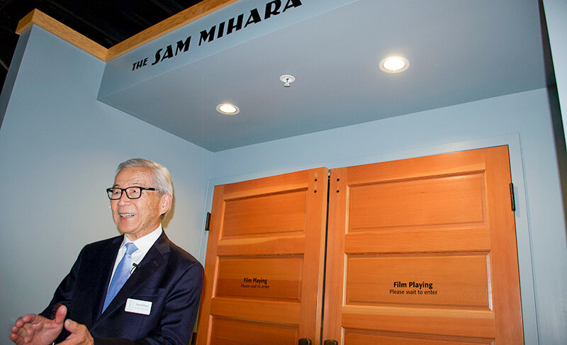 Sam Mihara speaks outside the theater bearing his name at the Heart Mountain Interpretive Center.
