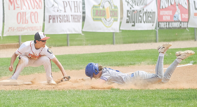 Ethan Welch reaches down to tag a Billings Blue Jay runner after he attempted to steal third on Sunday. The Pioneers head to Gillette for the Kirby Drube Memorial Tournament this weekend.