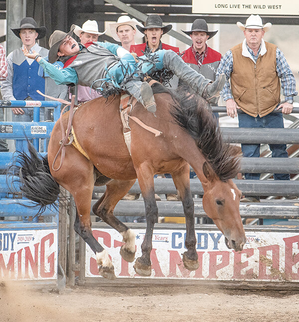 Chris Staley hangs on for dear life as the Trapper Rodeo kicked off the fall season for the Big Sky Region in Cody on Friday and Saturday.