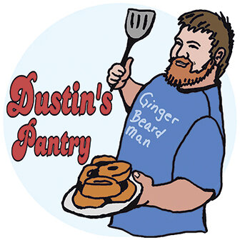 The Dustin’s Pantry logo incorporates Dustin Rhodes’ nickname ‘Ginger Beard Man’ and shows him holding a plate of freshly baked donuts. Rhodes was an avid baker and oftentimes the family cook.