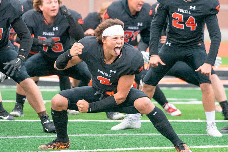Keona Wisniewski leads the Panthers in a haka before they take to the field against Green River on Friday. Wisniewski led Powell’s defensive charge with 19 tackles in the contest.