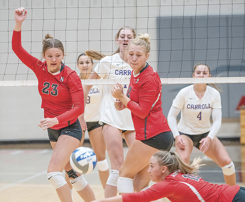 Taylor Wilson (from left) Tilli Danczyk, Sierra Kilts and the rest of the Northwest College volleyball players struggled on the road in a pair of matches last week.