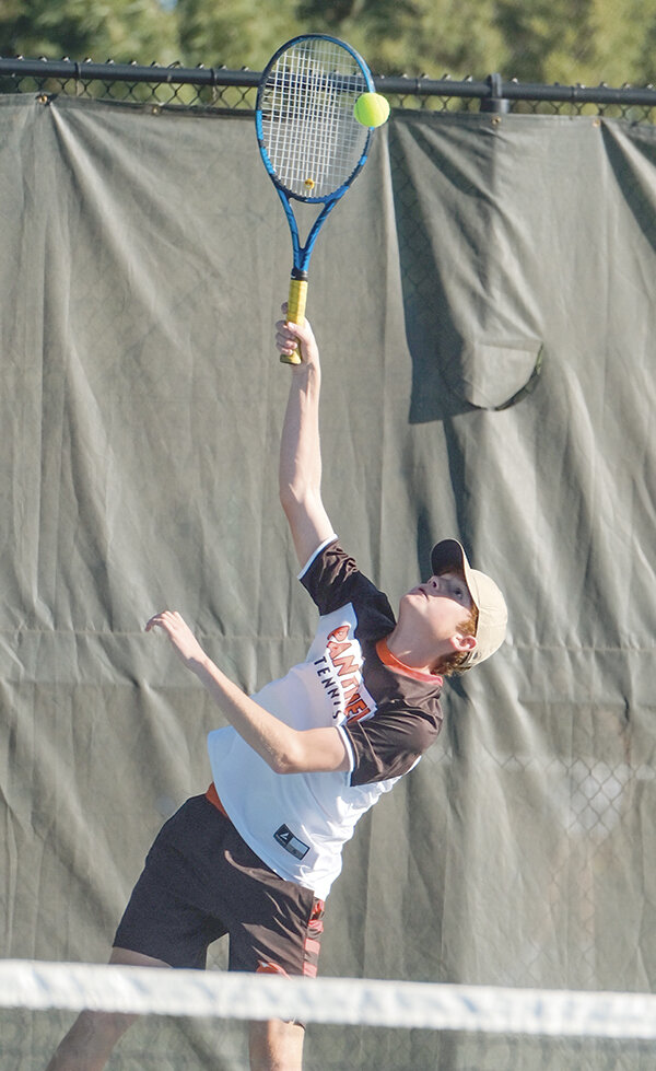 Powell No. 2 doubles player Ryan Barrus serves during a match at the state tournament this week in Gillette. Barrus and teammate Seeger Wormald finished 2-2.