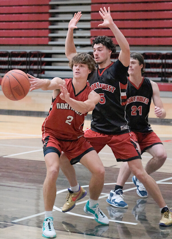 Carter Clark, guarded by Max Postiglione during practice, led the Trappers in scoring during the Trappers’ matchup against United Tribes on Saturday, as Northwest will try and get its first win this weekend at home.