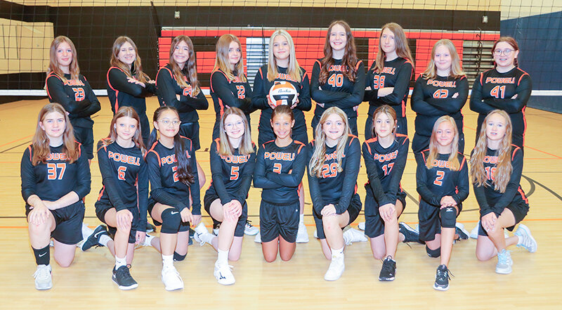The seventh grade volleyball team grew in their first season of competitive volleyball in Powell Middle School. Back row from left: Stella Schmidtberger, Kailyn Jones, Taylor Sweet, Maddie Agee, Reagan Clifford, Breiyah Bonander, Meredyth Giltner, Reagan Carter and Alexa Kromrey. Front row from left: Kiersten Cousins, Avery Love, Ann Trinh, Lucy Ostermiller, Addie Gillett, Mckenzie Moger, Keylyn Knuth, Darby McKee and Cassidi VanLake.