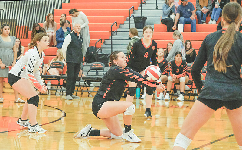 Maddie Valdez (middle) passes a ball for the Panther freshman during a match against Worland. The Panthers enjoyed a 20-5 record in a strong 2023 season.