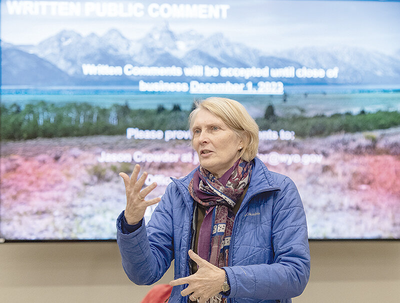 Rep. Sandy Newsome (R-Cody) speaks to a crowd at the Wyoming Game and Fish Department’s public meeting facility Tuesday, opposing to offering the critical wildlife habitat in a public auction.