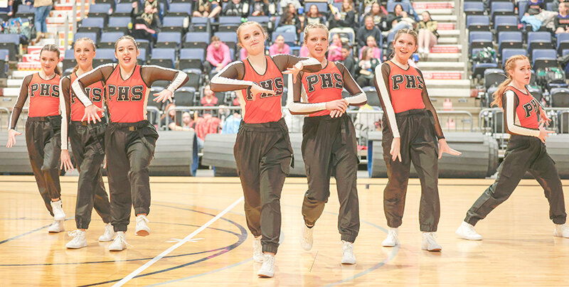 The Powell High School dance team returned to the state competition in style, placing second in jazz and fifth in hip-hop in Casper. The team performed their hip-hop routine at the Ford Wyoming Center. Panthers from left: Brittney Wambeke, Anna Smith, Cayleigh Douzenis, Caitlin Belmont, Kinsley Braten, Anne Aguirre and Emma Christopherson.